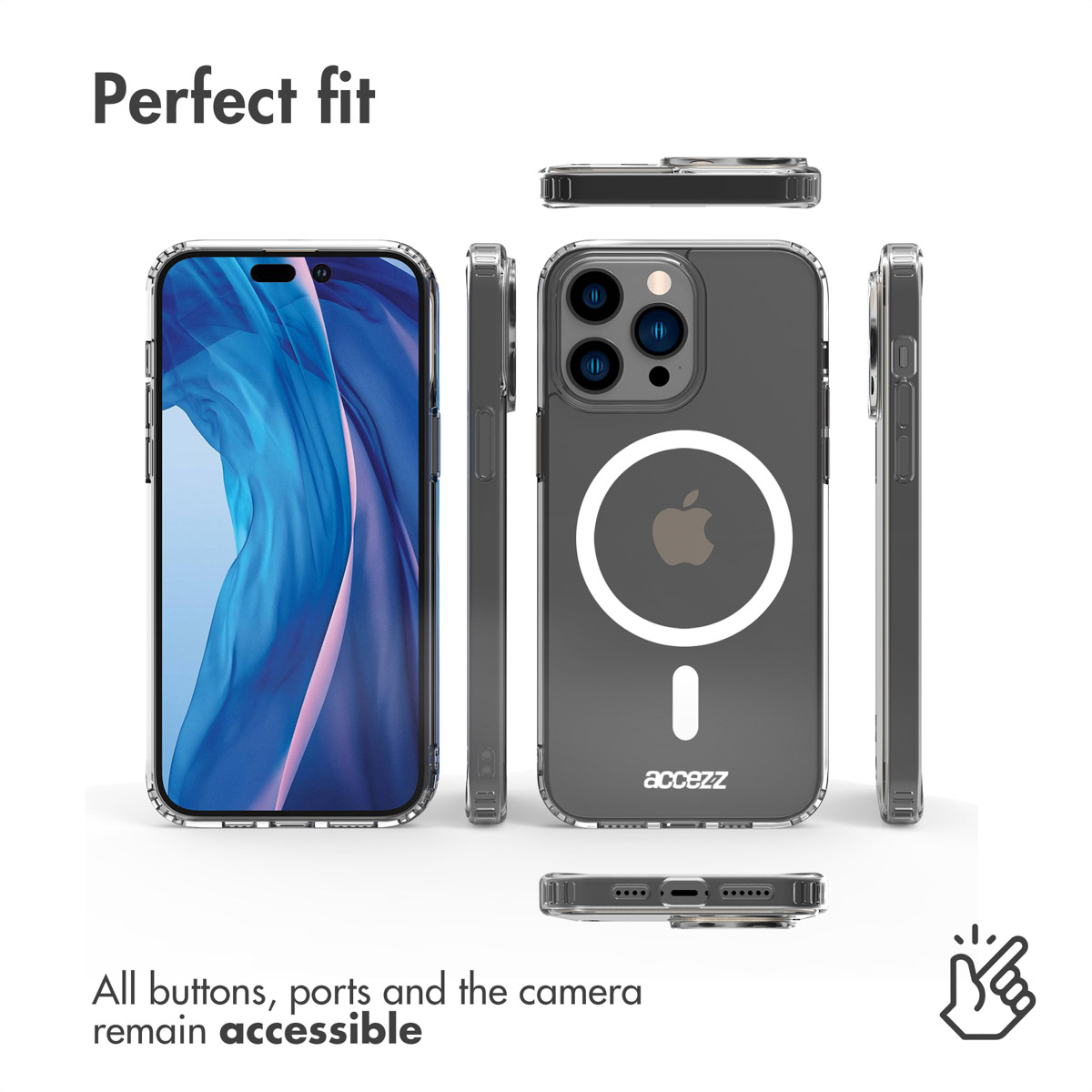 Funda transparente para smartphone mostrada desde varios ángulos con botones y puertos accesibles.