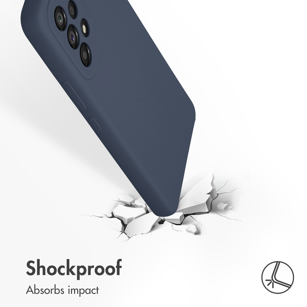Coque de téléphone bleue frappant une surface blanche brisée avec texte antichoc.