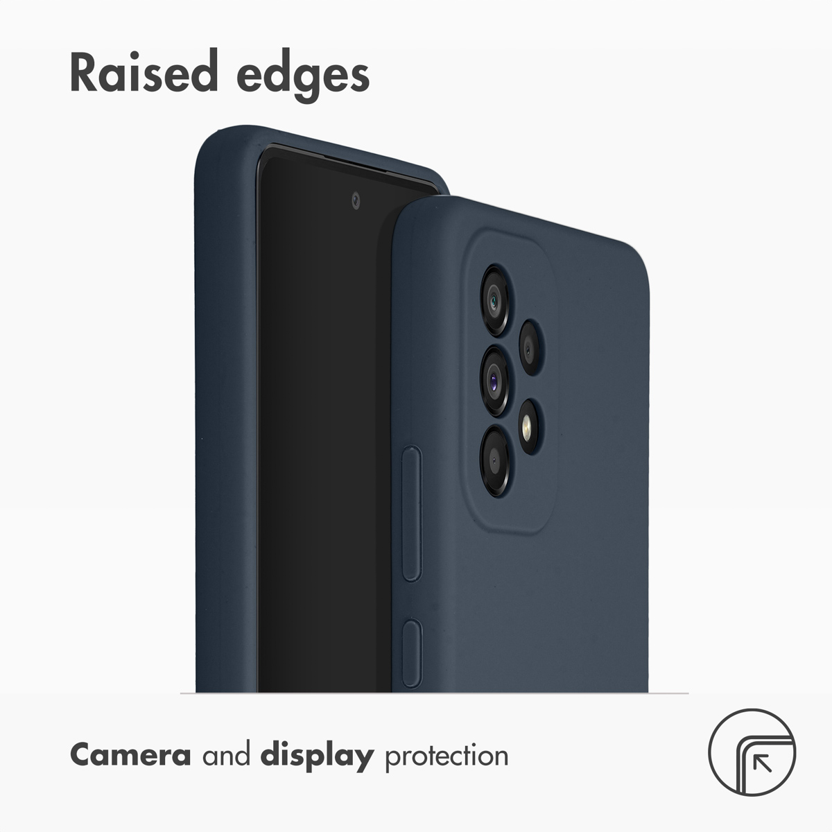 Coque de smartphone bleu foncé avec bords surélevés pour protéger l'appareil photo et l'écran.