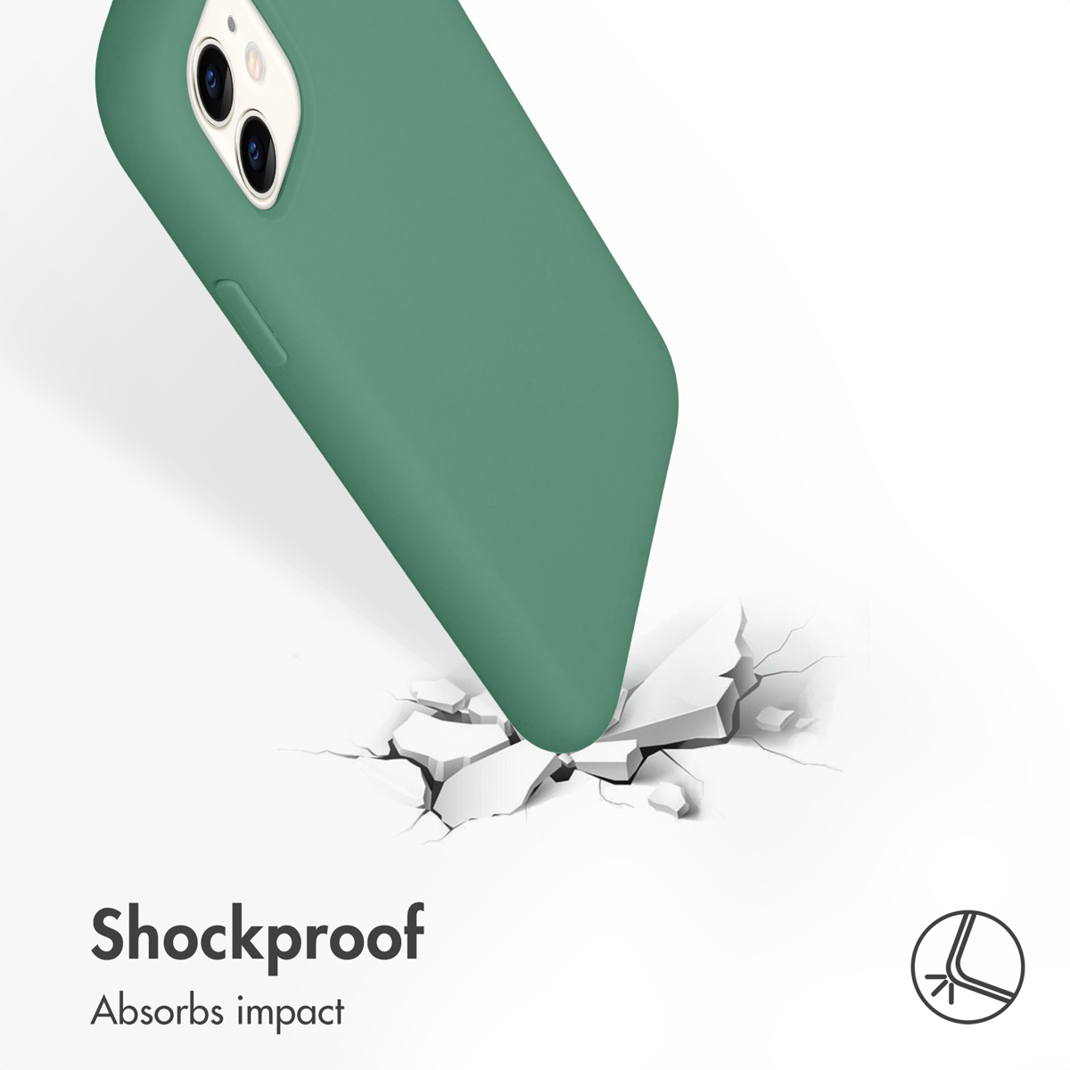 Ein grünes Smartphone mit Schutzhülle bricht auf den Boden, um stoßfeste Eigenschaften zu demonstrieren.
