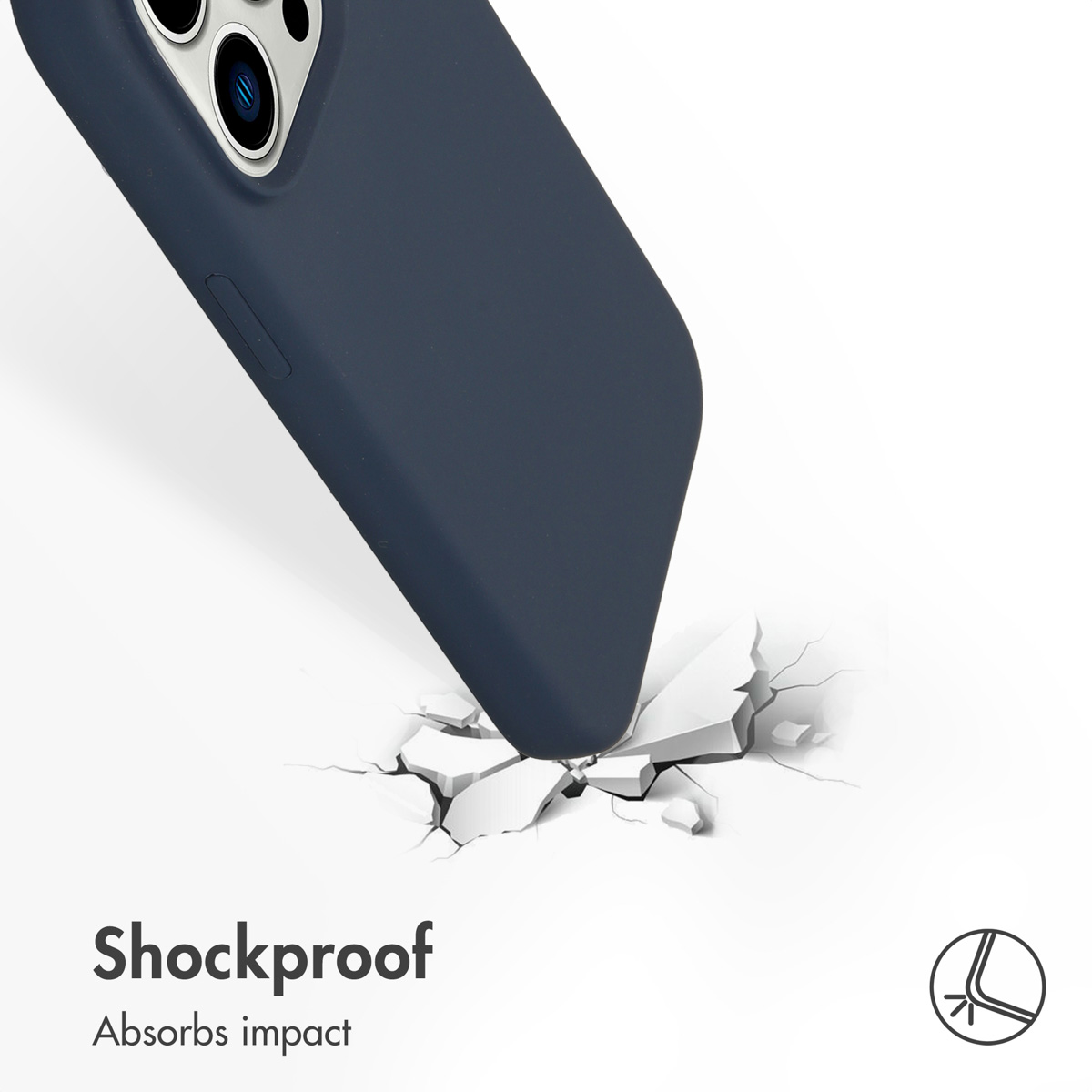 Un smartphone dans une coque bleu foncé fissure une surface blanche, démontrant sa résistance aux chocs.