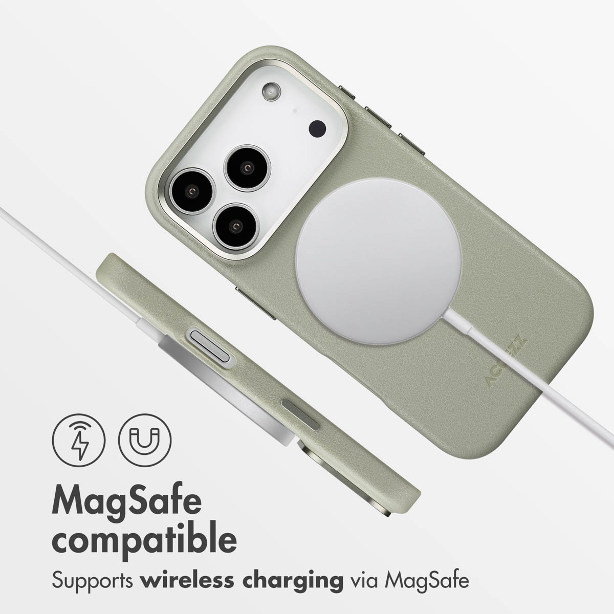 Smartphone verde en funda protectora con carga MagSafe.