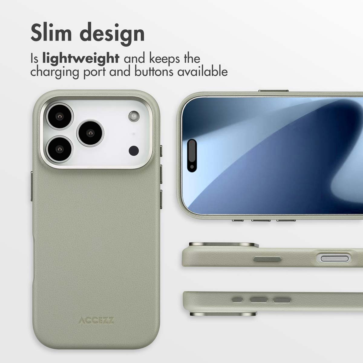 Una funda para smartphone Accezz gris, delgada y ligera, se muestra desde varios ángulos.