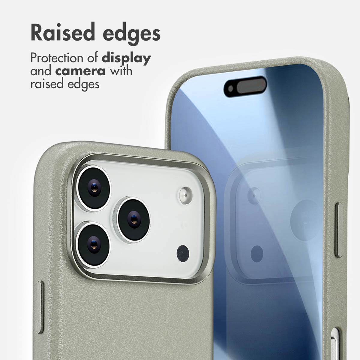 Smartphone en una funda protectora gris con bordes elevados para la pantalla y la cámara.
