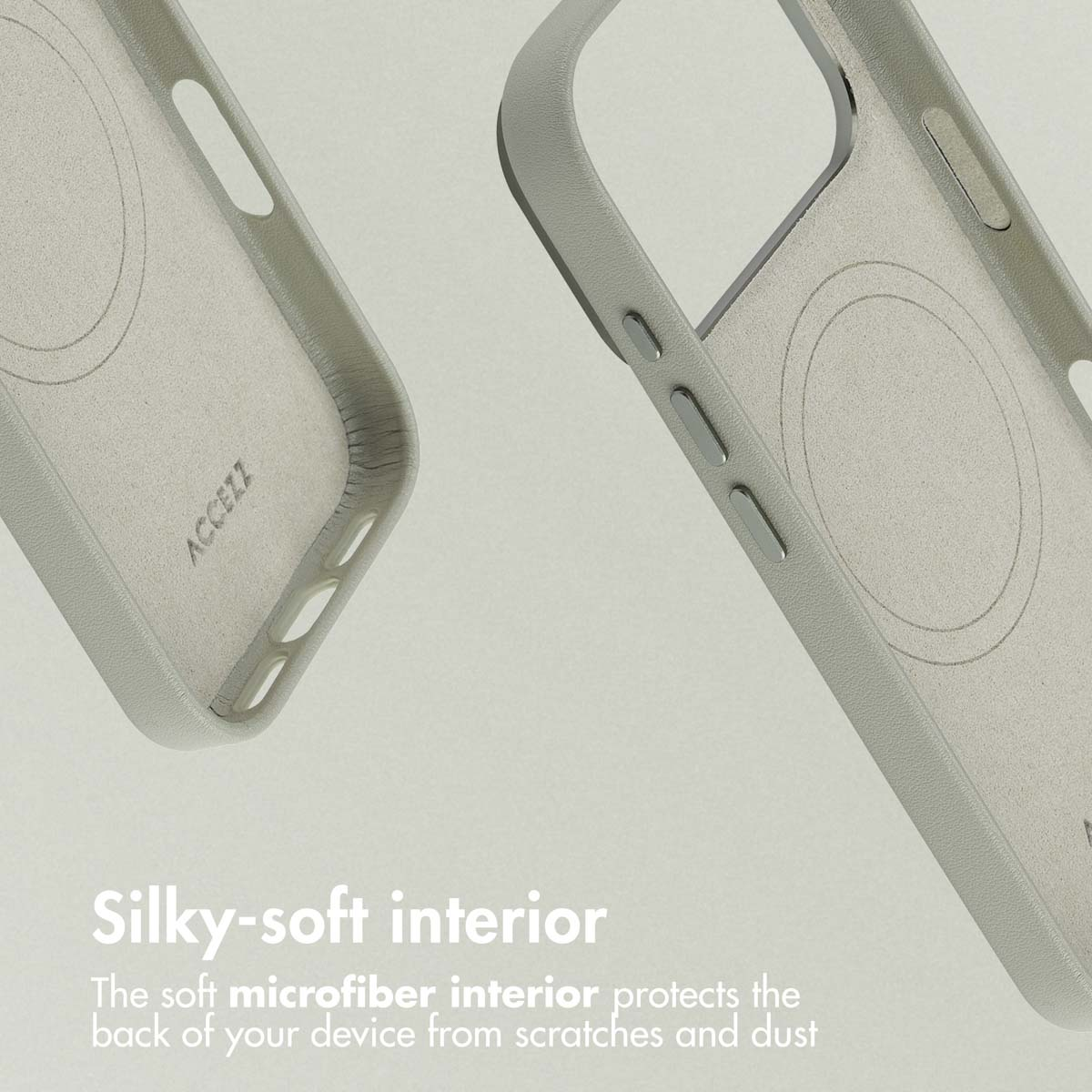 Dos fundas de teléfono gris claro muestran el interior de microfibra suave y los botones laterales sobre fondo claro.