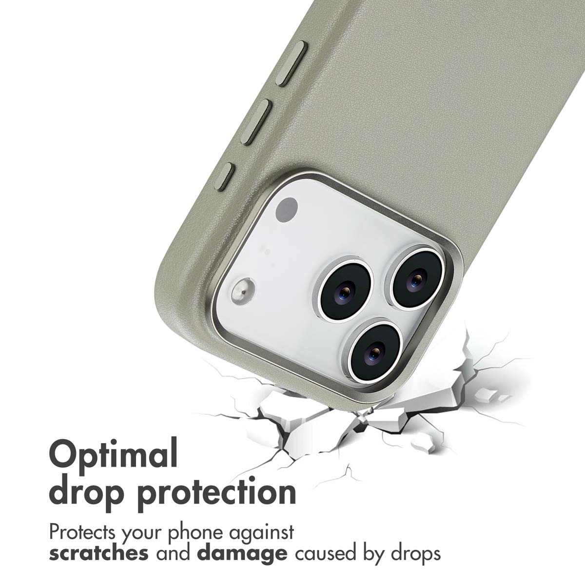 Un smartphone en una funda protectora gris sobre una superficie rota con texto de protección contra caídas.