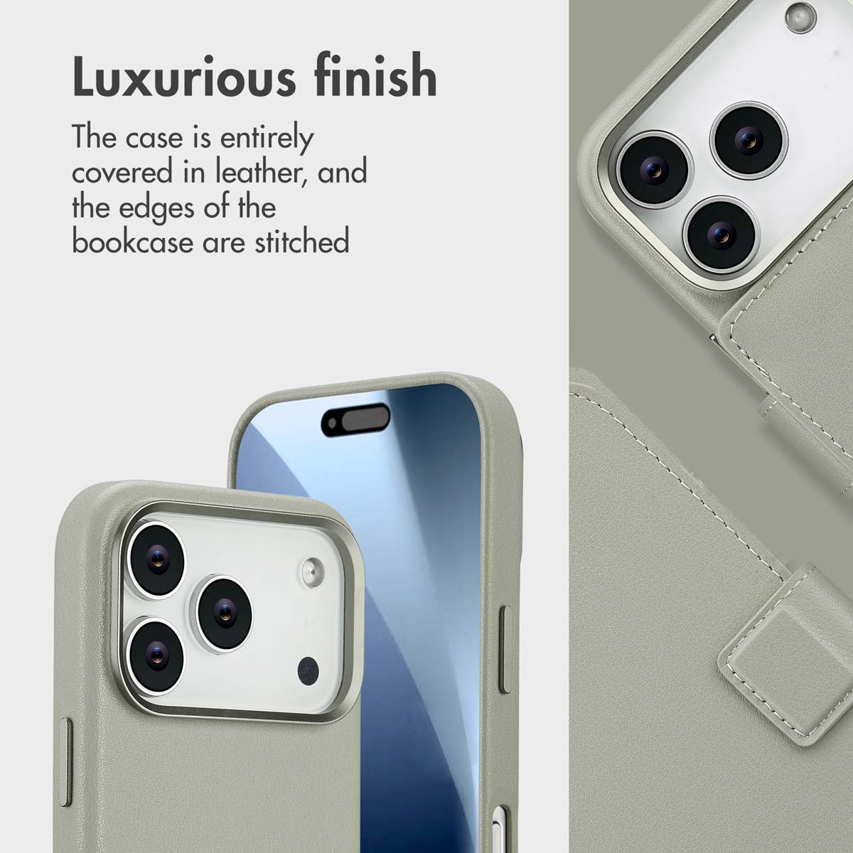 Lussuosa custodia in pelle con bordi e obiettivi della fotocamera cuciti.