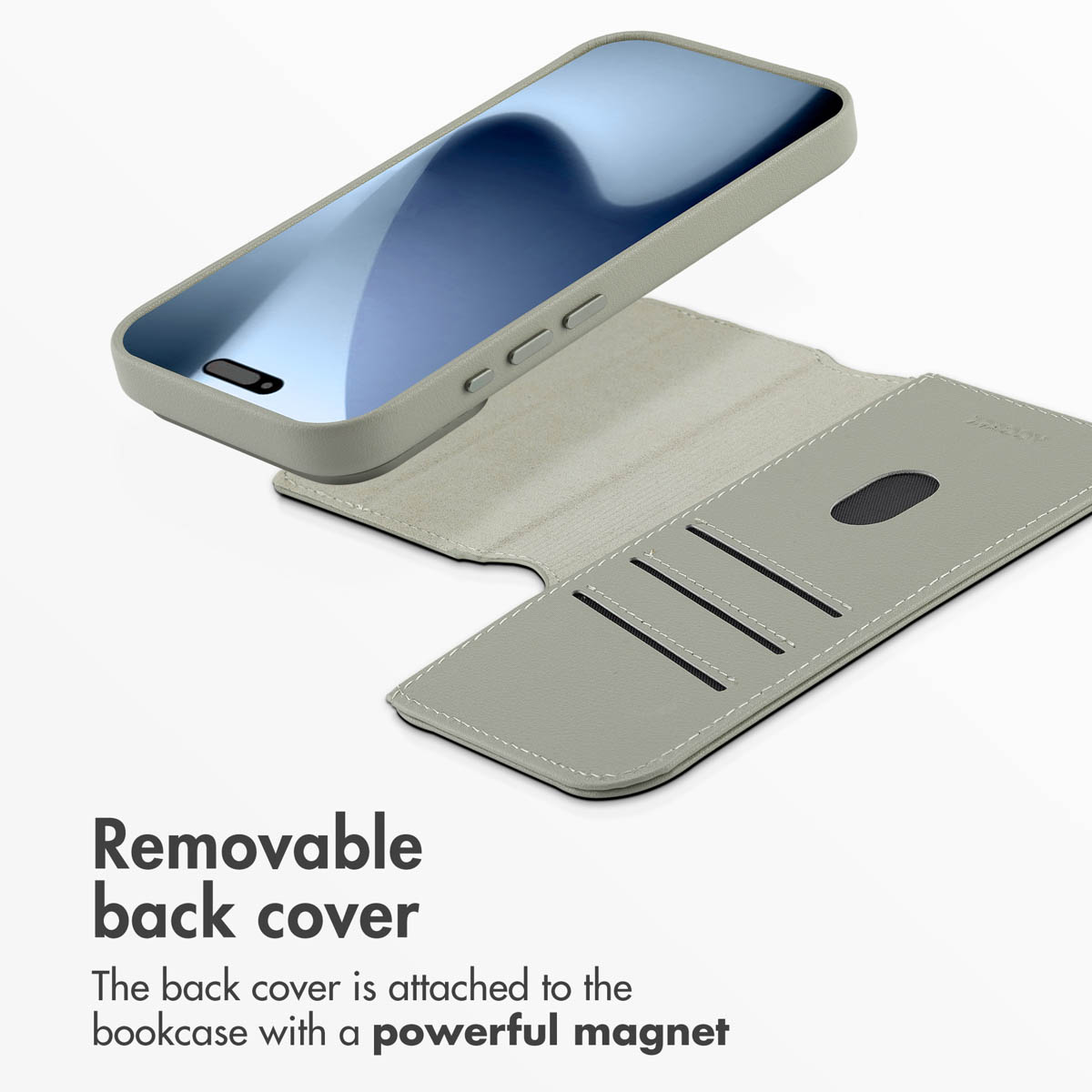 Custodia per telefono grigia con cover rimovibile e porta carte su sfondo bianco.