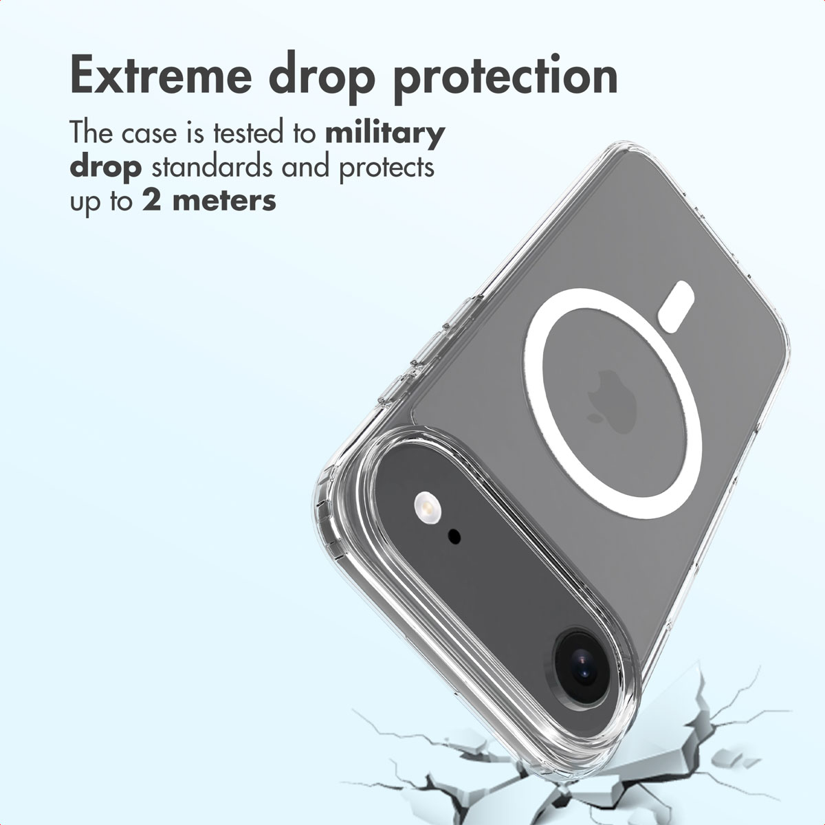 Funda transparente para móvil con anillo MagSafe y texto sobre protección contra caídas.
