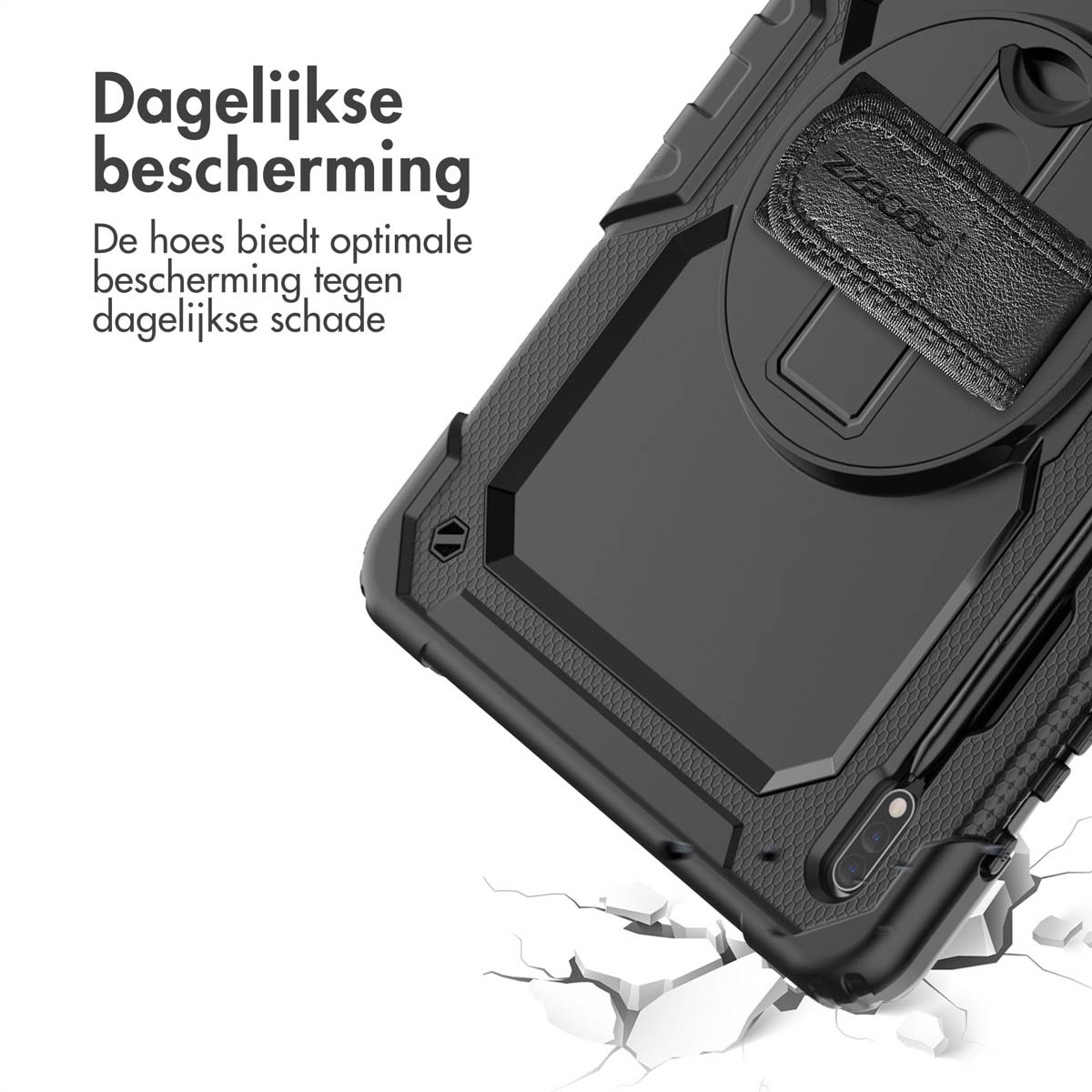 Étui de protection noir durable pour tablette avec support intégré et porte-stylet, idéal pour la protection quotidienne.