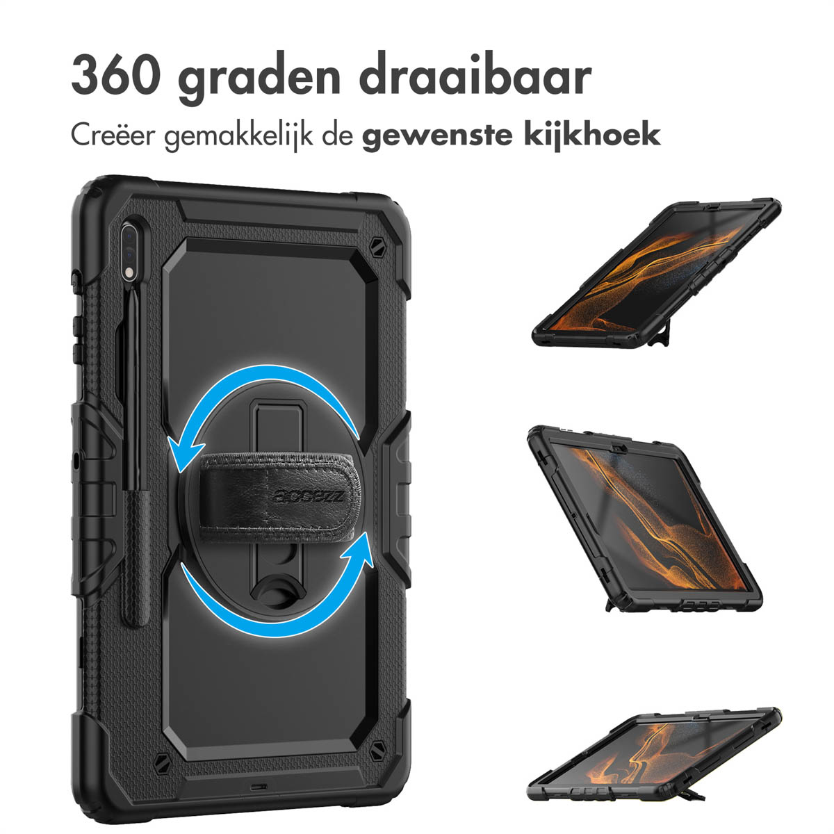 Une coque de tablette noire avec support montre une rotation à 360 degrés et plusieurs angles.
