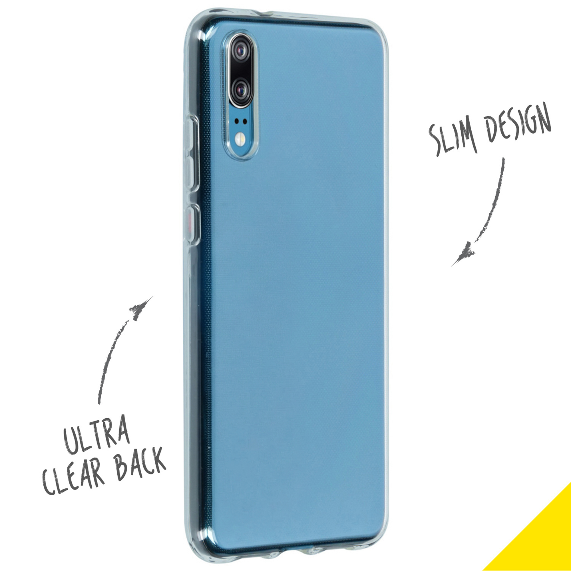 Dos de smartphone bleu dans une coque transparente avec double appareil photo vertical et du texte.