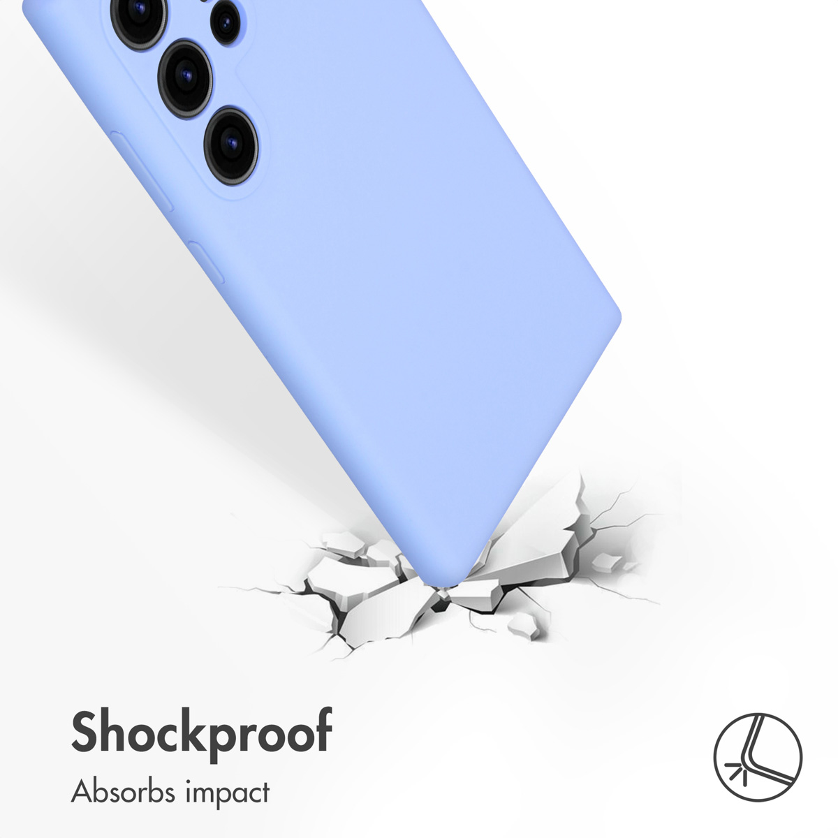 Une coque de téléphone bleu clair impacte une surface blanche fissurée, montrant des propriétés antichocs.