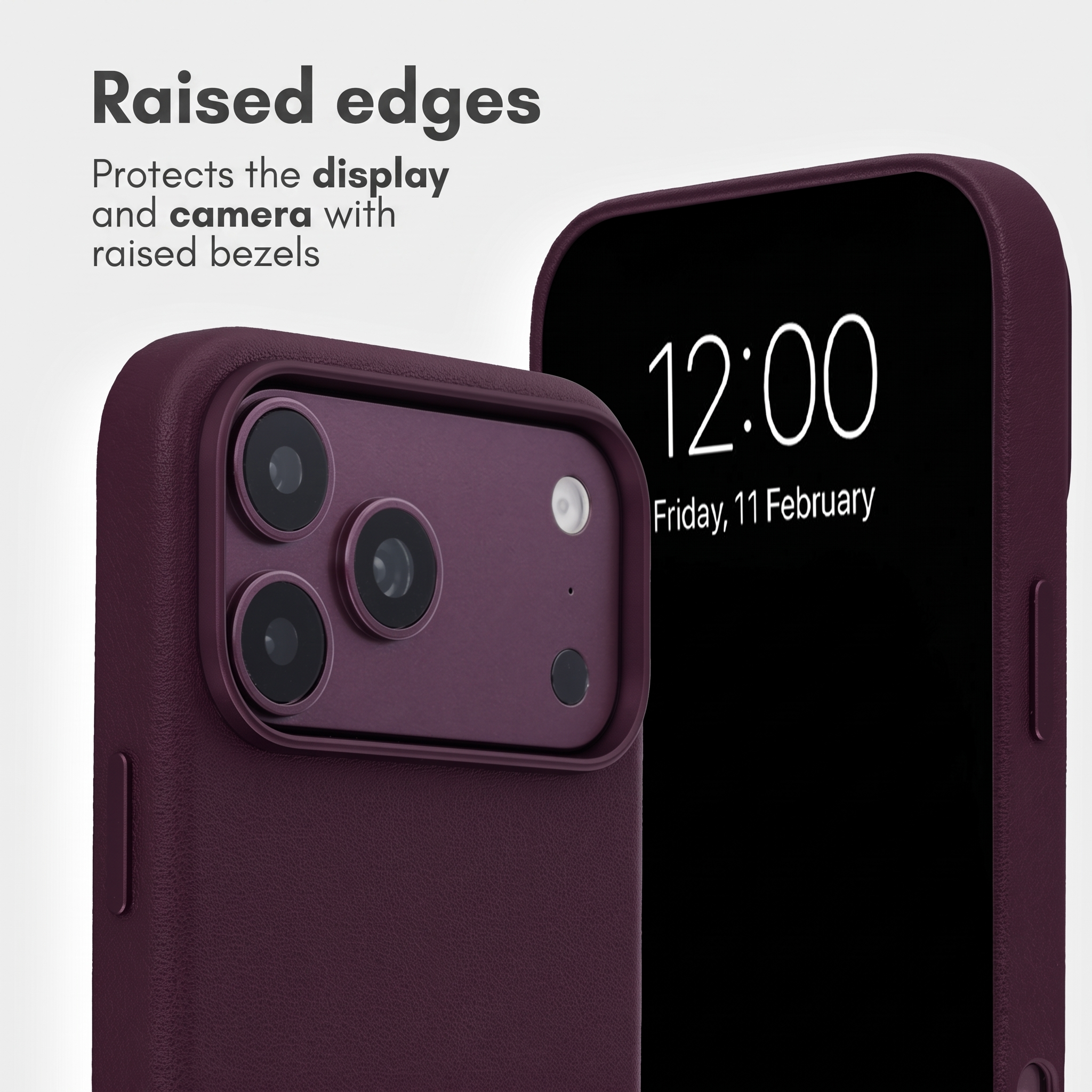 Deux coques de téléphone violettes montrant des bords surélevés protégeant l'écran et l'appareil photo.