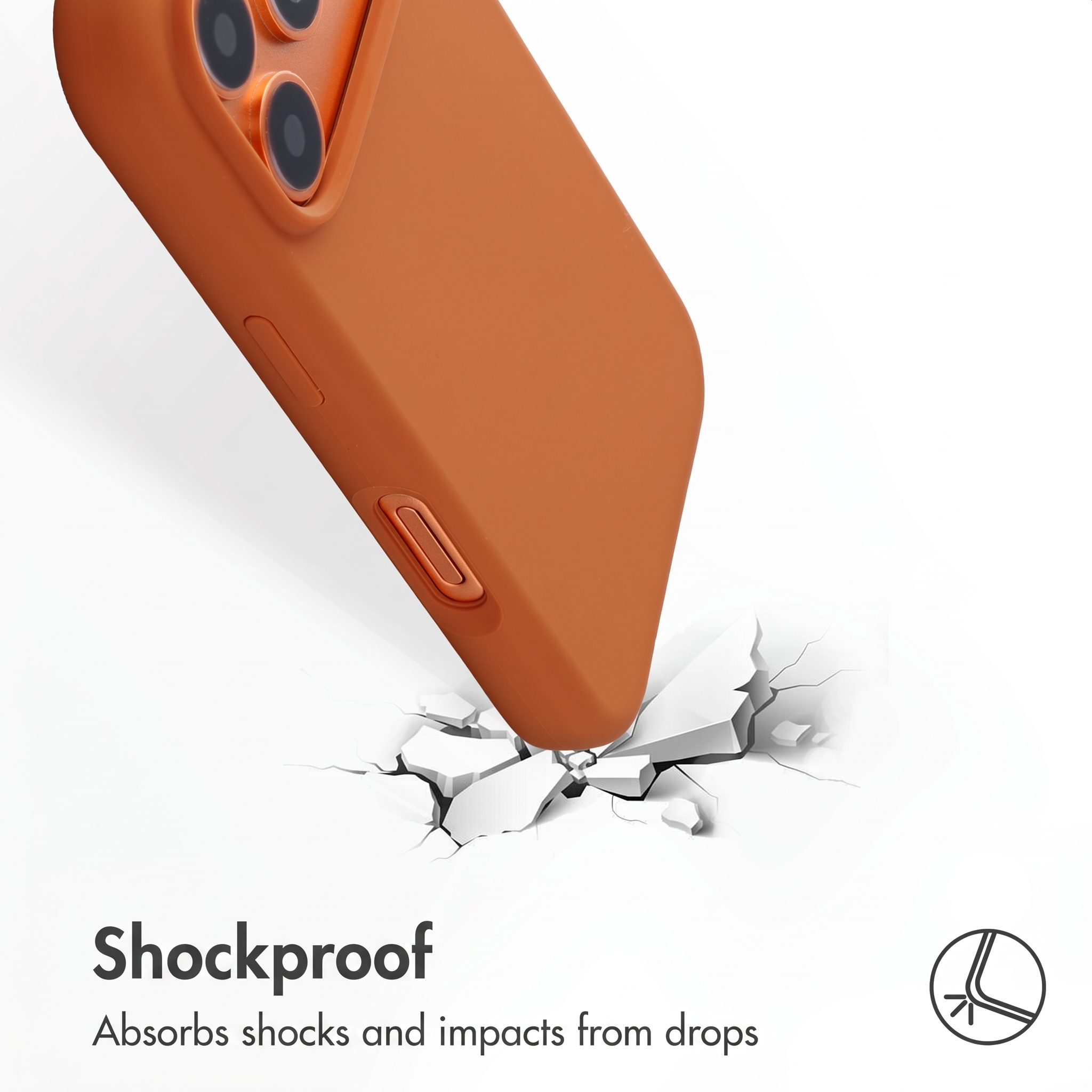 Een oranje smartphone in een beschermhoes raakt een gebarsten wit oppervlak. Tekst onderaan.