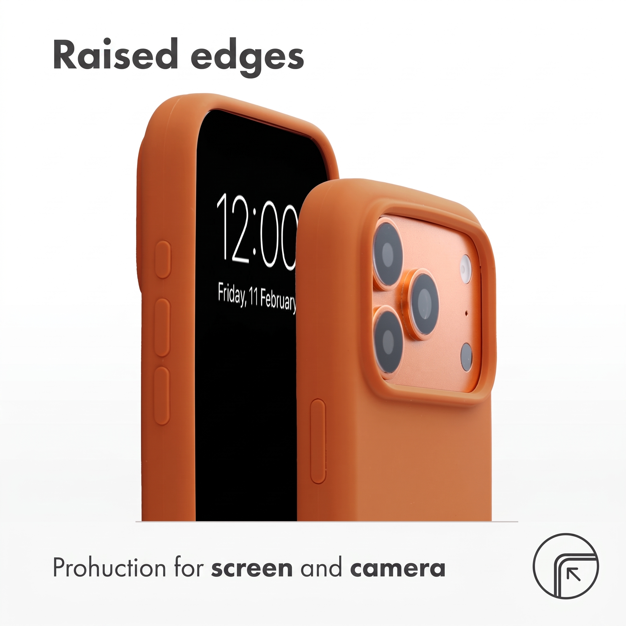 Twee oranje telefoonhoesjes met opstaande randen voor scherm- en camerabescherming op witte achtergrond.
