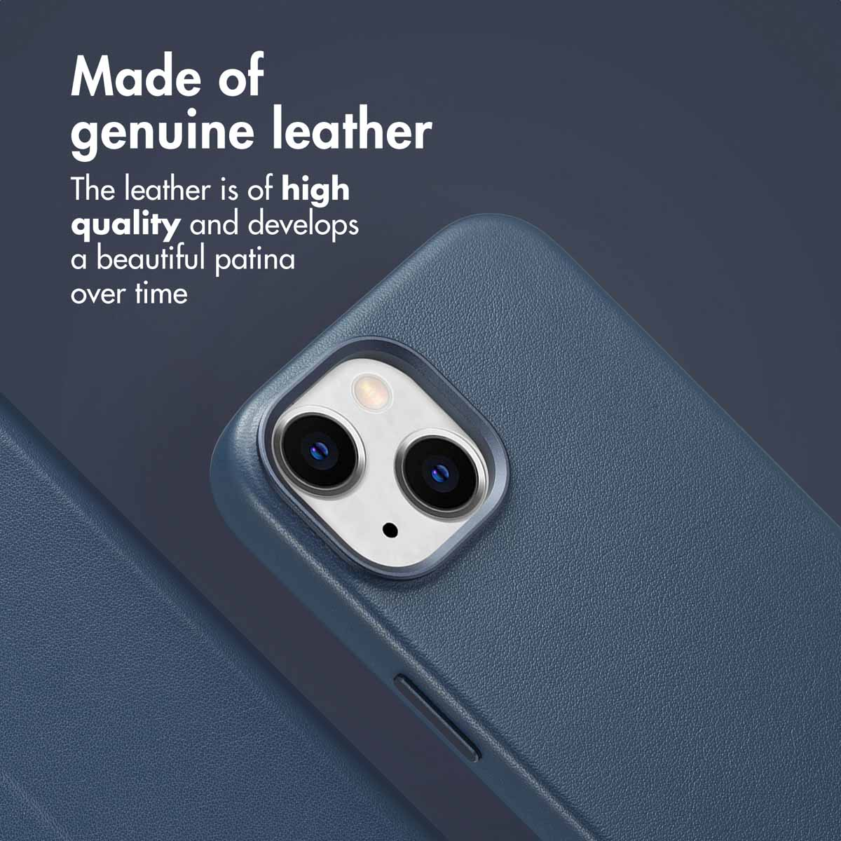 Blue genuine leather phone case with camera cutout and text on top left.