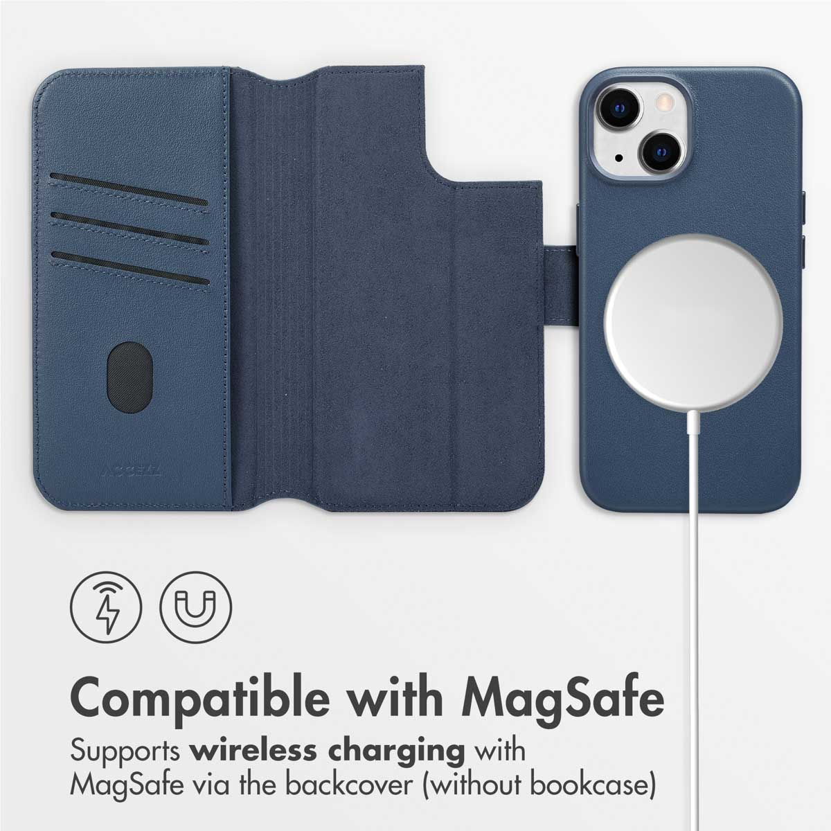 Blue leather phone case with card slots and MagSafe charger.