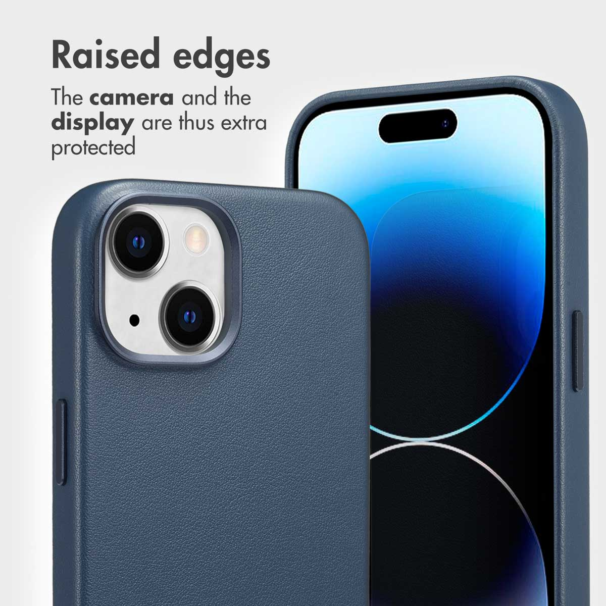 Blue smartphone case with raised edges to protect camera and display.