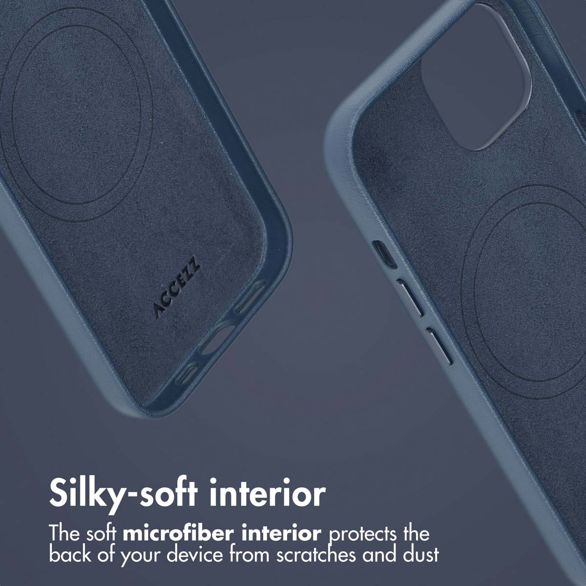Two dark blue smartphone cases with soft microfiber interior and MagSafe rings on a grey background.