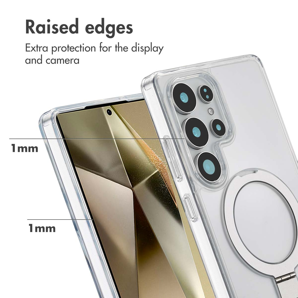 Custodia trasparente con bordi rialzati per schermo e fotocamera, con indicatore di 1 mm.
