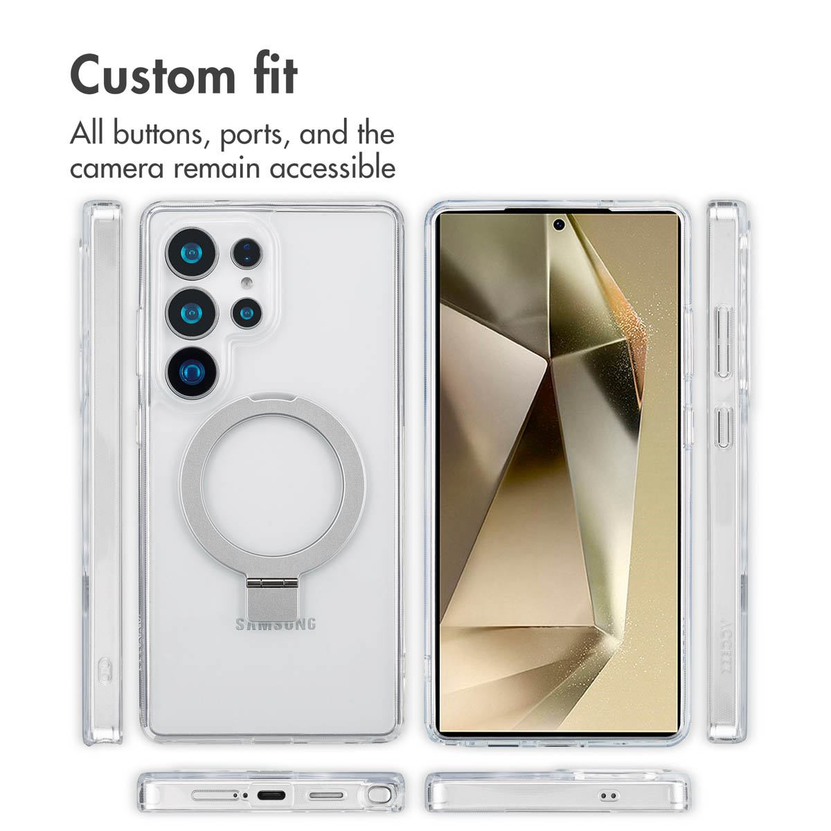 Custodia trasparente per telefono con supporto integrato e ritagli per fotocamera, pulsanti e porte.