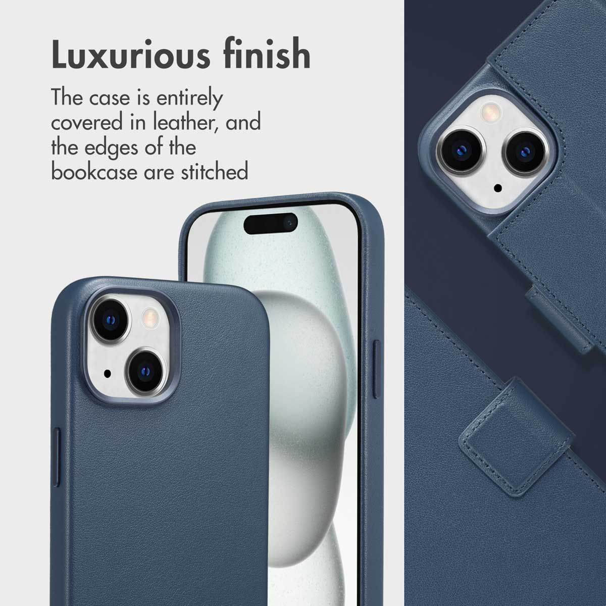 Blue leather phone case with stitched edges, camera cutout, and white background.