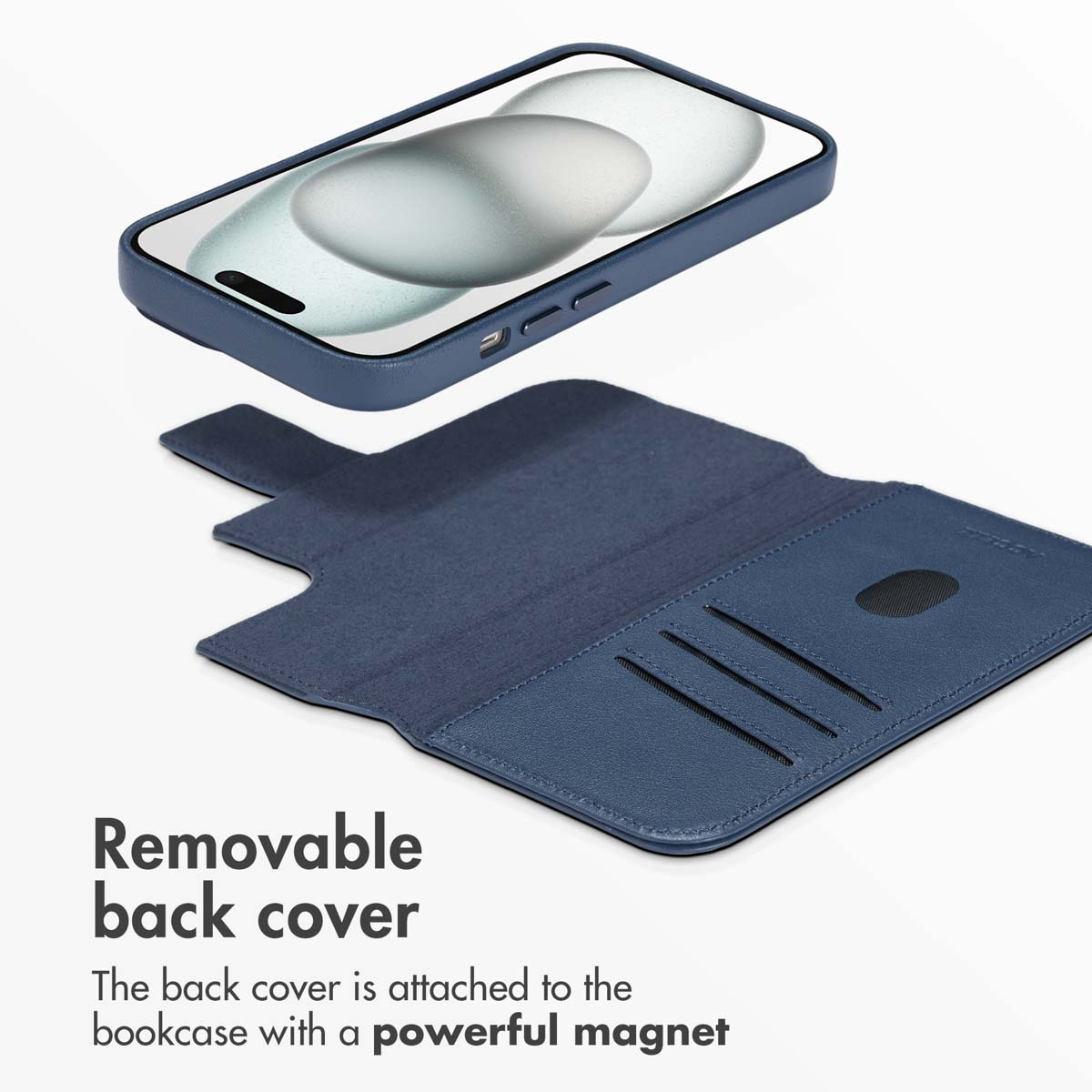 Dark blue leather phone case with a detachable cover and card slots on a white background.