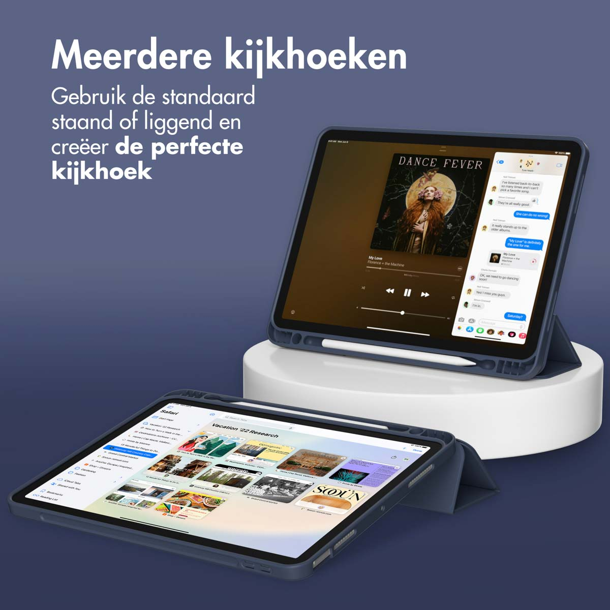 Due tablet blu su una piattaforma mostrano app musicali e pagine web. Testo in olandese in alto.