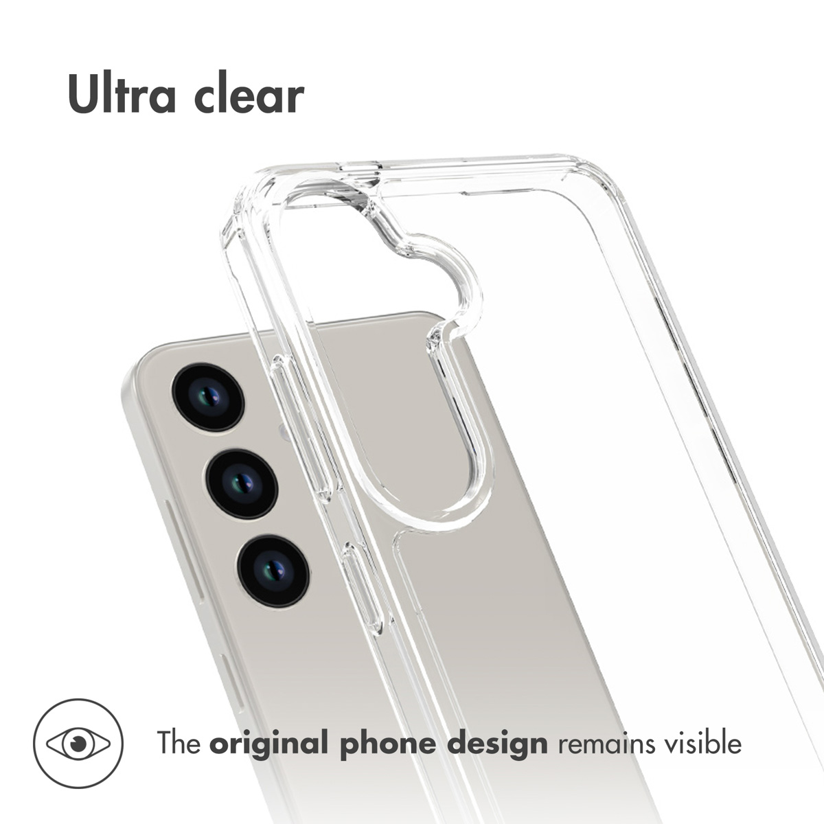 Transparente Schutzhülle auf einem silbernen Smartphone mit drei Kameras.