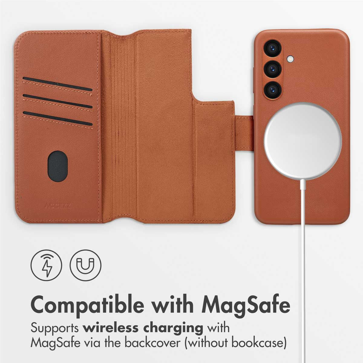 Coque de téléphone en cuir marron avec fentes pour cartes et chargeur sans fil MagSafe.