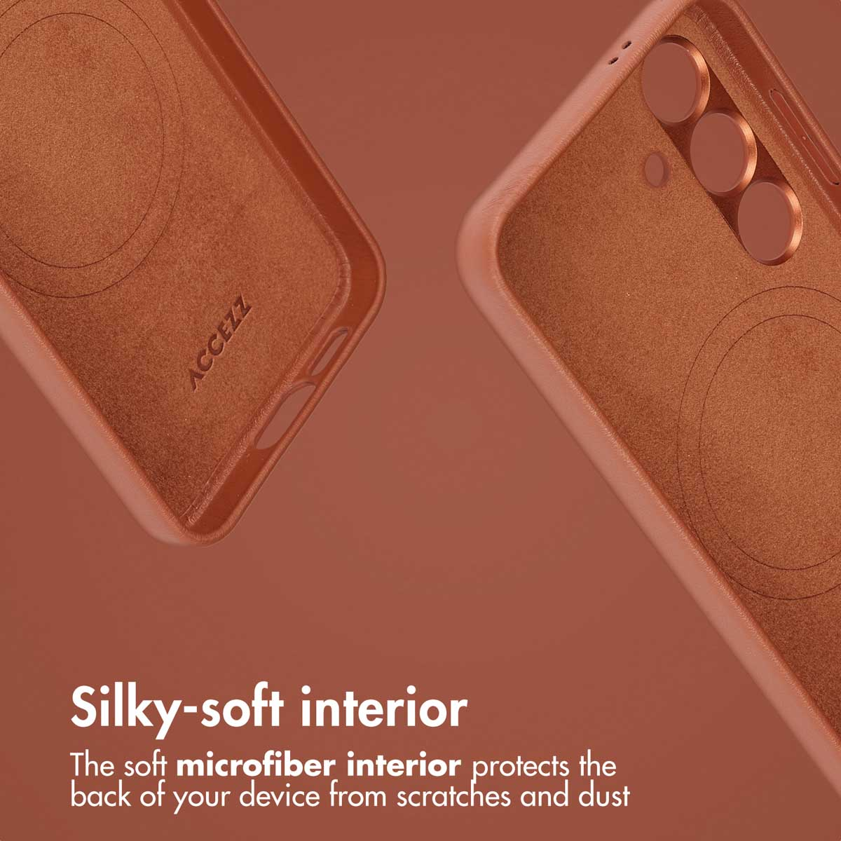 Coque marron avec intérieur en microfibre douce anti-rayures.
