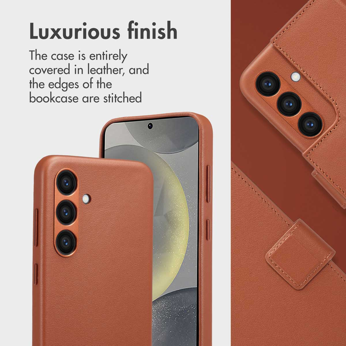 Étui de smartphone en cuir marron avec bords cousus et découpes pour l'appareil photo.