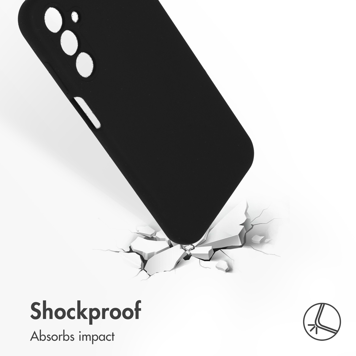 Coque de téléphone noire frappant le sol, démontrant une absorption des chocs.