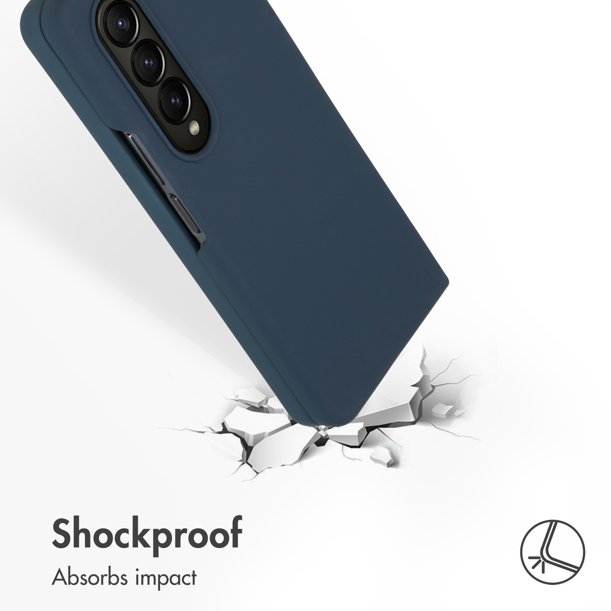 Uno smartphone blu scuro con custodia protettiva impatta su una superficie bianca che si rompe.