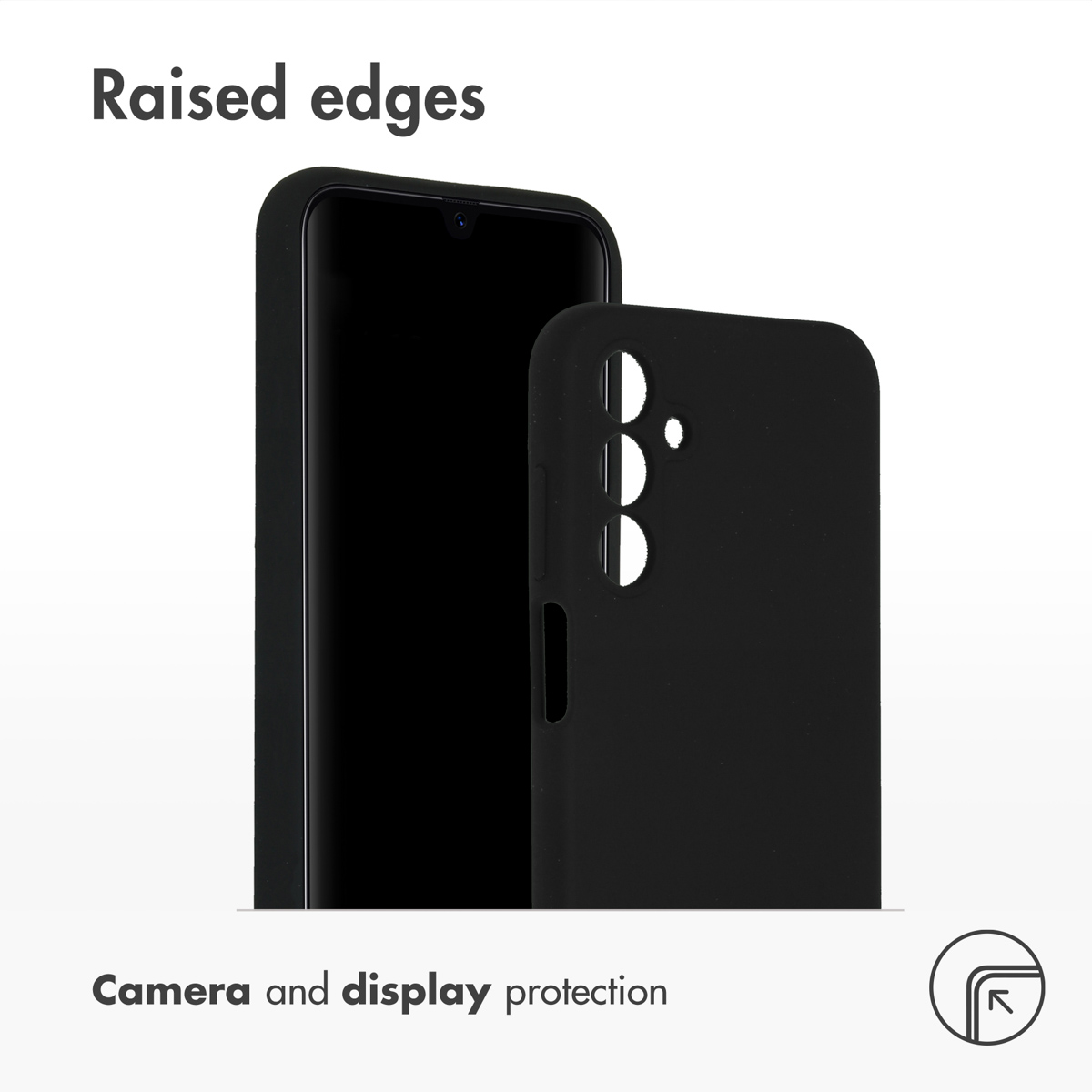 Coque de téléphone noire avec bords surélevés pour protéger l'appareil photo et l'écran sur fond blanc.