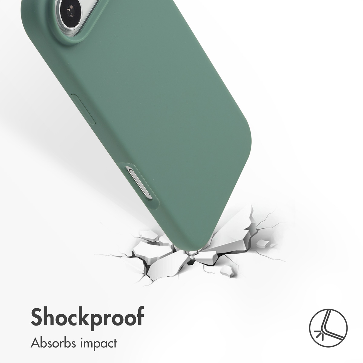 Funda de móvil verde golpea una superficie blanca rota. Texto 'Shockproof'.