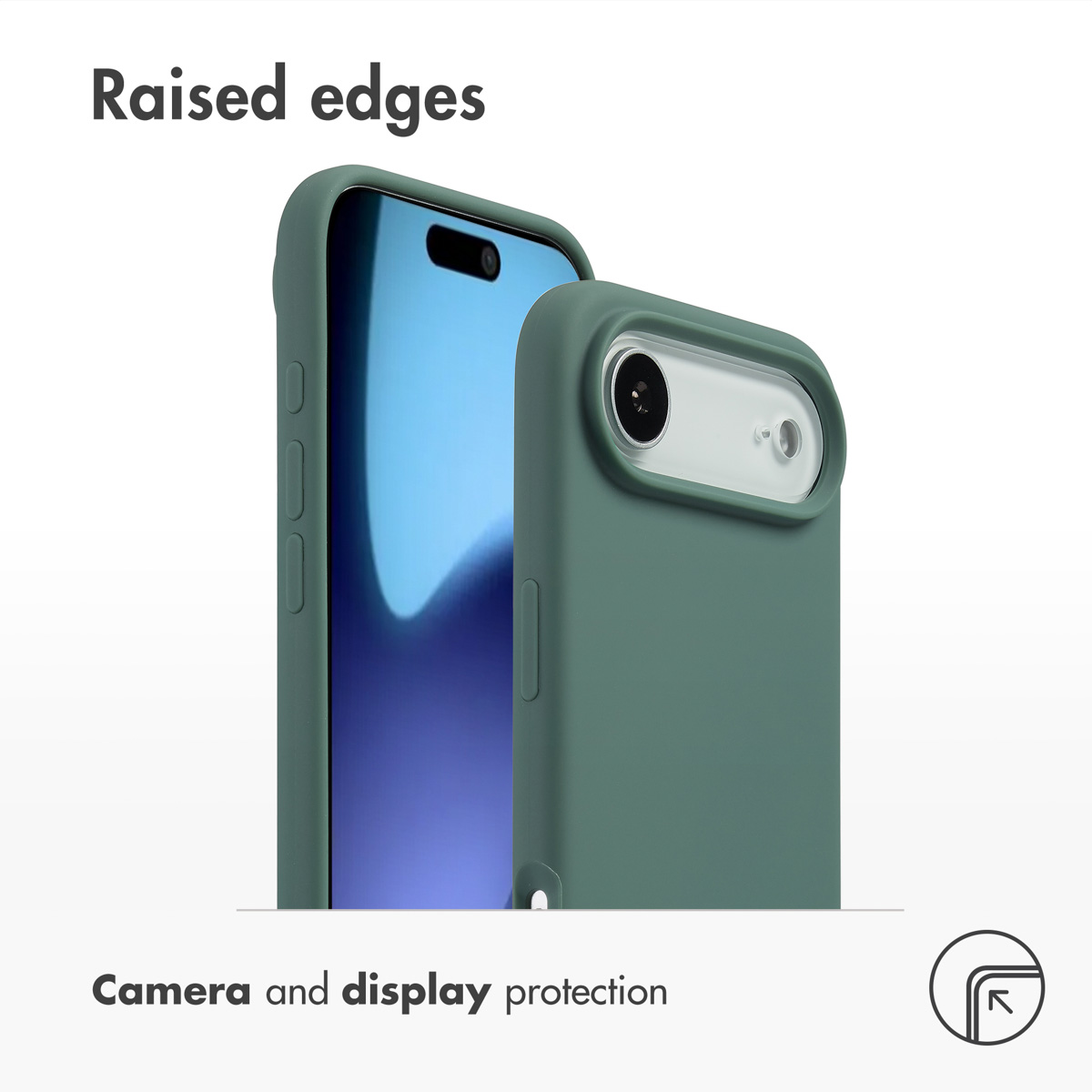 Funda de móvil verde con bordes elevados para proteger la cámara y la pantalla sobre fondo blanco.