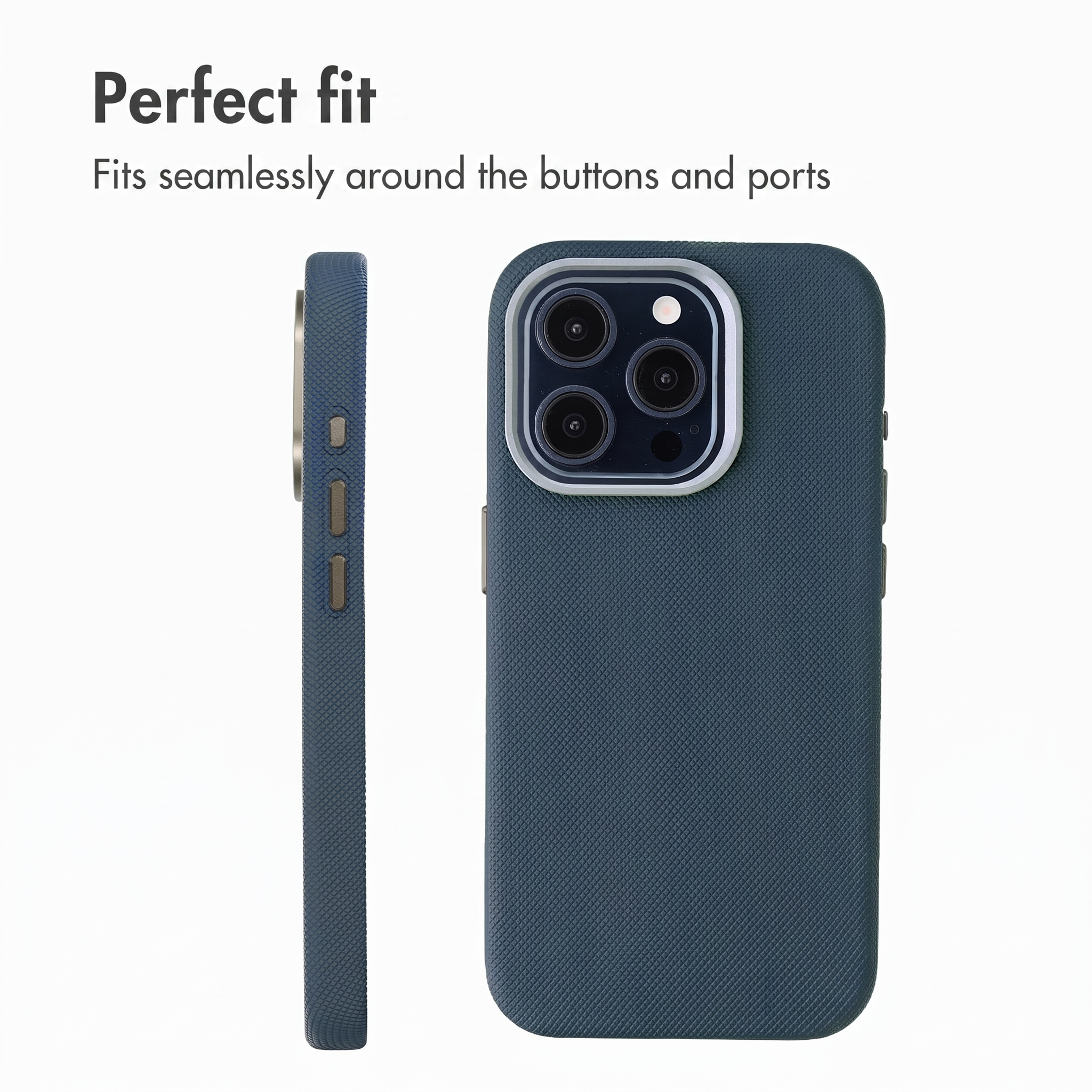 Blaue smartphonehülle in zwei ansichten mit präzisen knopf- und anschlussöffnungen.