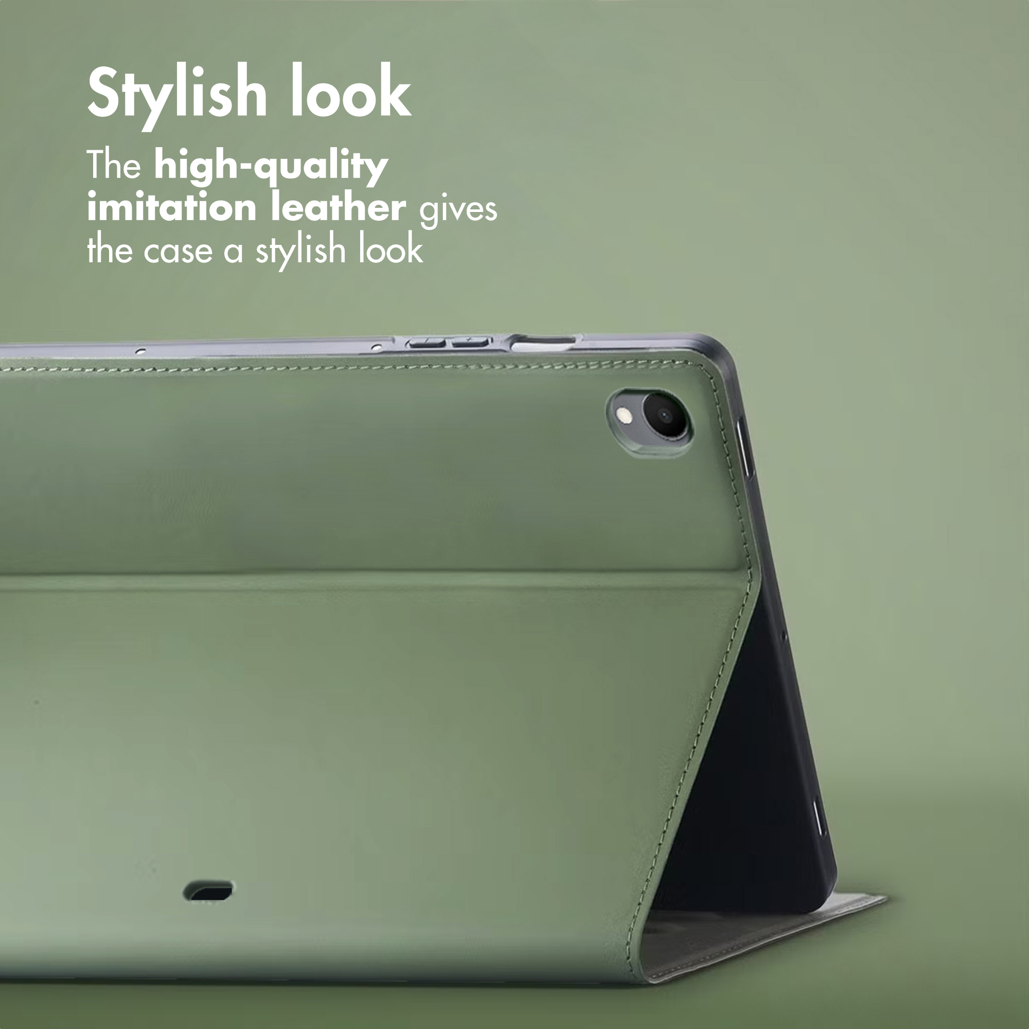 Green leather-look tablet case on a green background with text.