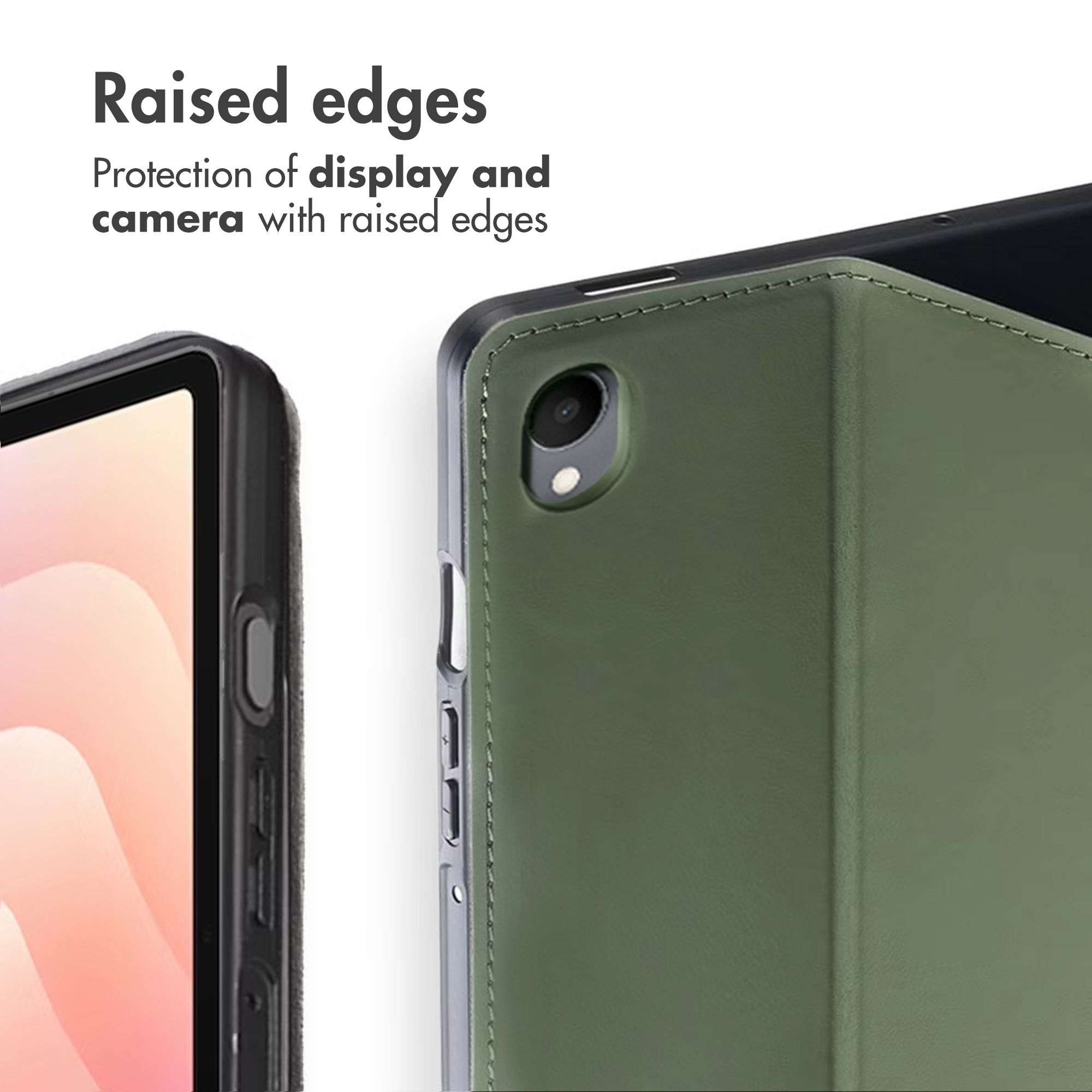 Green tablet case with raised edges for display and camera protection.