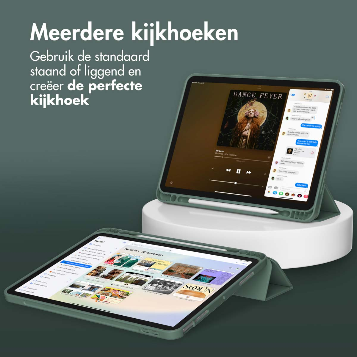 Due tablet verdi su supporti mostrano varie app e copertine musicali.