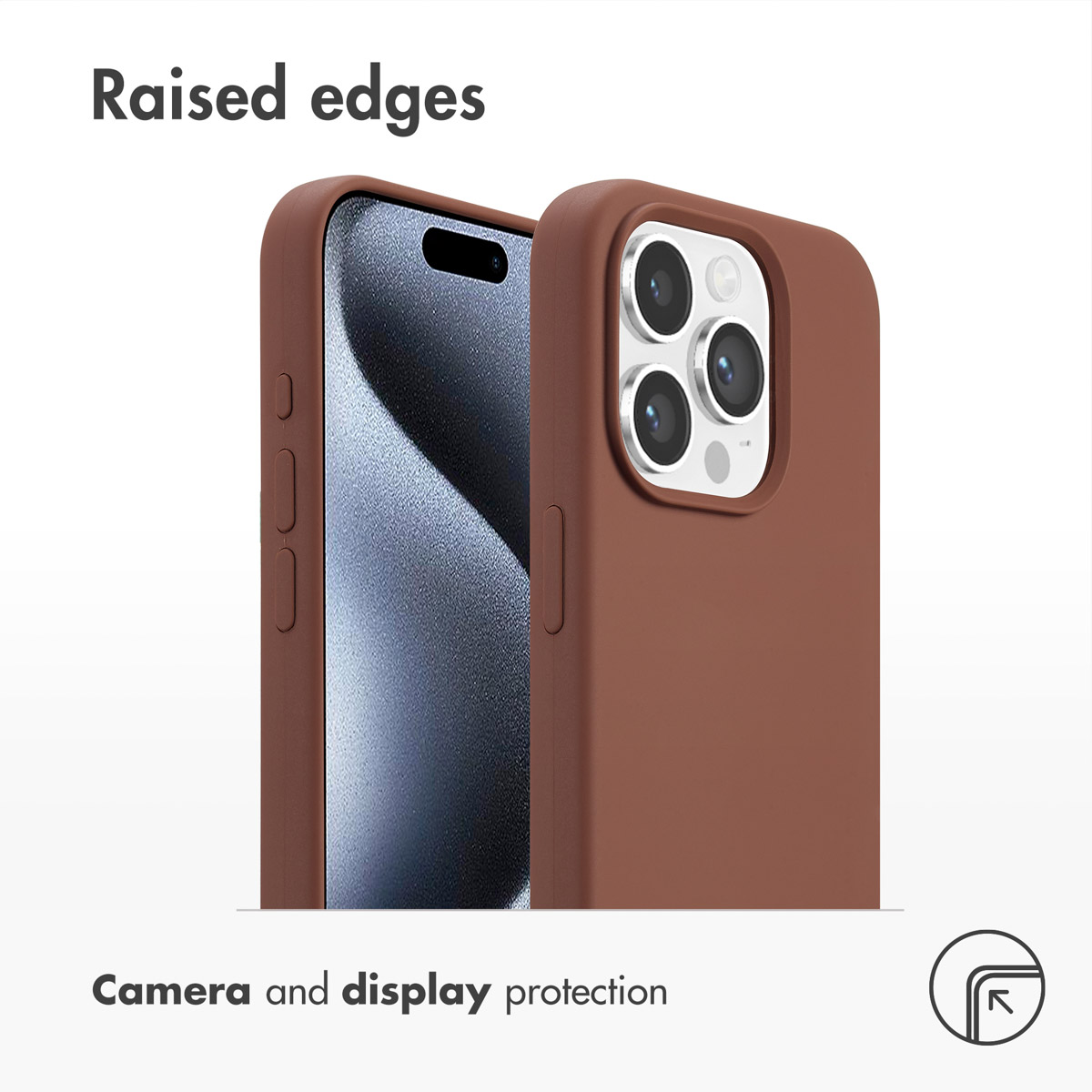 Eine braune Handyhülle zeigt erhöhte Kanten für den Kamera- und Display-Schutz.