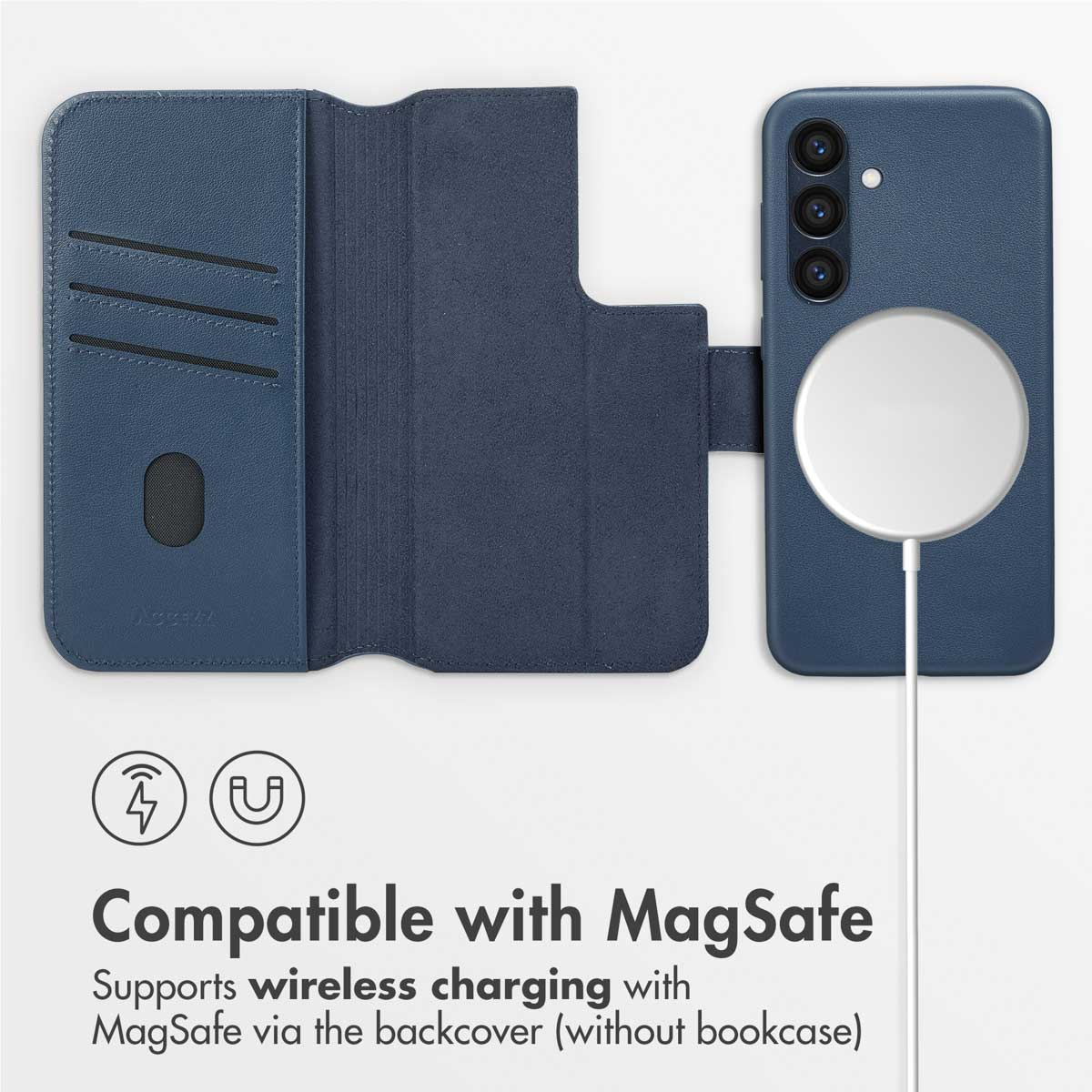 Coque de téléphone bleue avec fentes pour cartes et chargeur sans fil MagSafe.