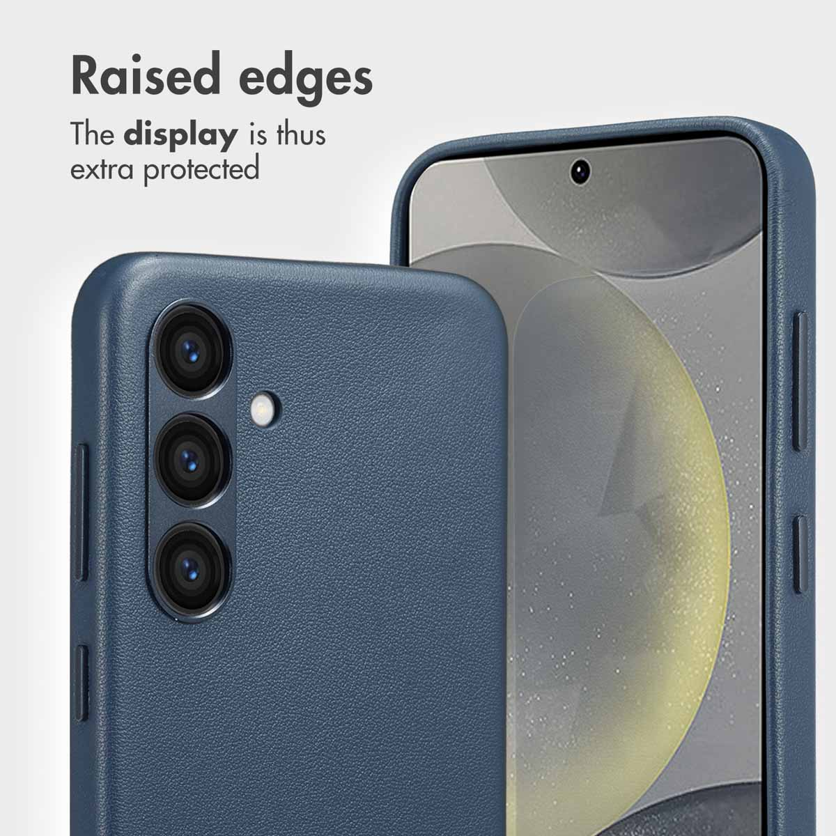Coque de smartphone bleue avec bords surélevés pour protéger l'écran et l'appareil photo.
