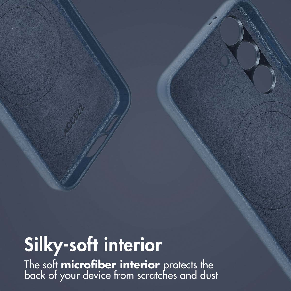 Coque de téléphone bleue avec intérieur en microfibre douce et découpes pour appareil photo.