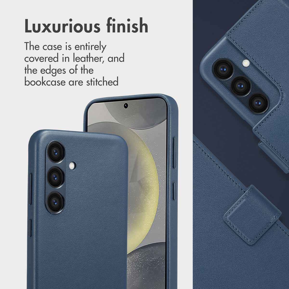 Coque de smartphone en cuir bleu avec coutures visibles et triple appareil photo.