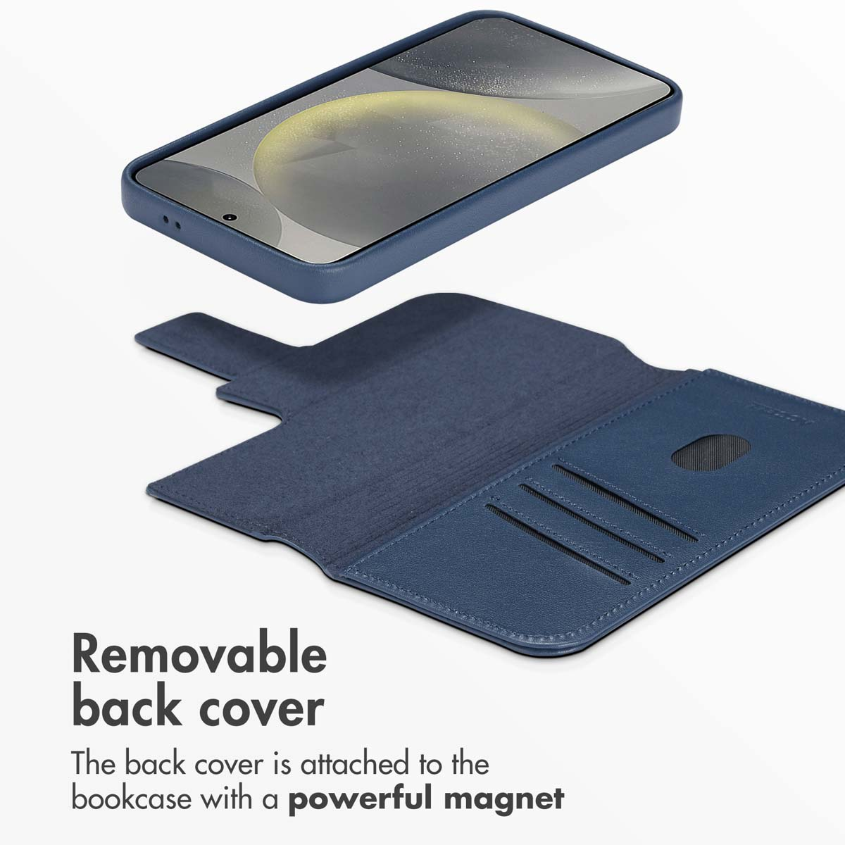 Une coque en cuir bleu avec dos amovible et fentes pour cartes sur fond blanc.