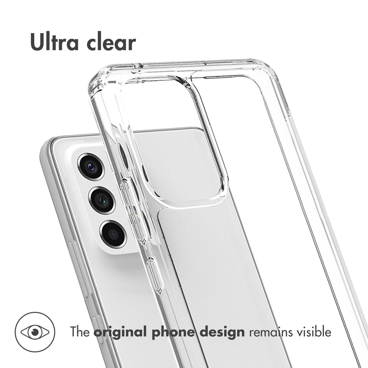 Une coque de téléphone transparente ultra-claire au-dessus d'un smartphone blanc, montrant son design.