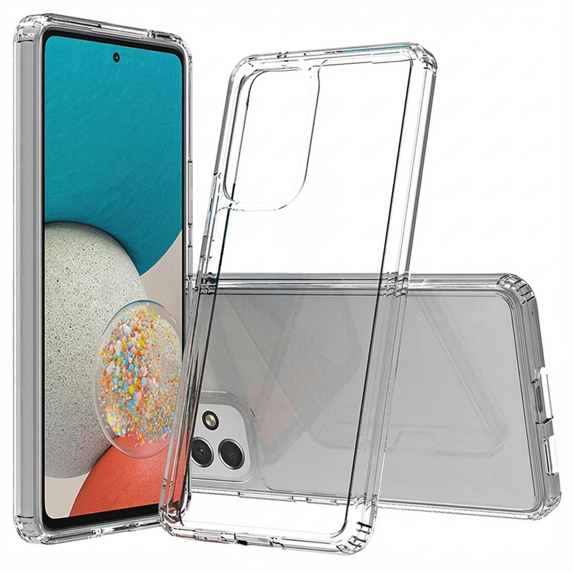 Coque de protection transparente pour smartphone avec des couleurs vives sur l'écran.